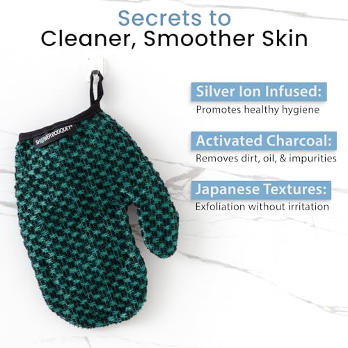 Japanese Exfoliating Mitt 2-Pack - Charcoal & Silver Ion Exfoliating Gloves for Shower - Soft Inner Fabric Gentle Exfoliation & Deep Cleansing Body Scrub Gloves for All Skin Types - 1 Blue, 1 Green - color: Charcoal Blue + Charcoal Green, size: 1 Count (P