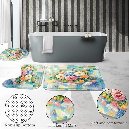 DDQQ 4Pcs Colorful Floral Shower Curtain Set Modern Showerhead Bathroom Sets with Rugs Spring Flower Shower Curtain Set Brightly Bathroom Rugs Set Bathroom Decor Toilet Lid Cover 12 Hooks - color: Colorful