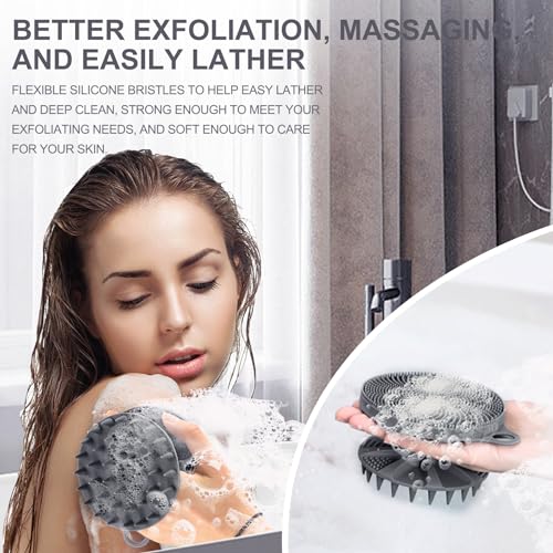 INNERNEED 2in1 Silicone Body Scrubber & Scalp Massager Shampoo Brush, Gray | Food-Grade Soft Material, More Hygienic, Easily Lather, Convenient for Travel, Gym, Business,etc - color: Gray