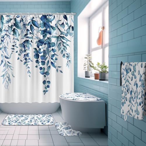 Tatuo 8 Pcs Blue Eucalyptus Shower Curtain Set Blue Eucalyptus Theme Bathroom Accessories Sets Decor Nautical Coastal Waterproof Shower Curtain with Towels Carpet Bath Mat Toilet Rugs and 12 Hooks - style: Blue Eucalyptus