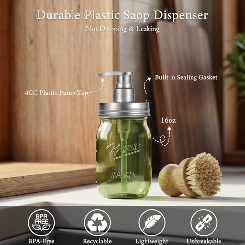 Amolliar Plastic Mason Jar Soap Dispenser with Pump Lid,16OZ Refillable BPA-Free Hand Soap Dispenser Set with Cute Lables, Farmhouse Decor for Kitchen/Bathroom, Liquid Dish Soap, Lotion(2 Pack, Green) - color: Green Jar With Silver Pump