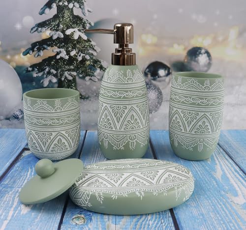 Hymmah Green Bathroom Accessories Set,Farmhouse Bathroom Decor,4 Pcs Resin Gift Set Apartment Necessities, Contain Cotton Swab Jar,Soap Dispenser,Tumbler，Soap Dish/Tray - color: Green