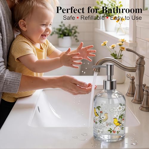 Topadorn 17oz Glass Soap Dispenser with Pump, Refillable Hand Soap Dispenser for Bathroom & Kitchen, Goldfinch Bird & Floral Decorative Soap Bottle, Farmhouse Countertop Decor - color: Bird