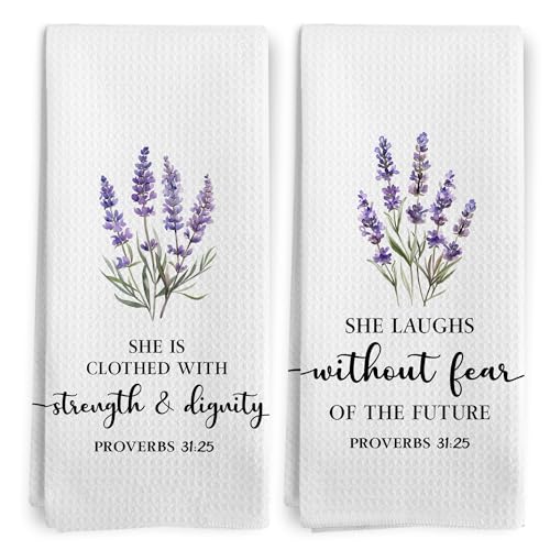 Christian Floral Kitchen Towels, Proverbs 31 Bible Verse Lavender Flower Kitchen Towel Decorative Set, Proverbs 31 Woman Gifts, Religious Floral Hand Dish Tea Towels for Bathroom Decor - color: Bible Floral-3