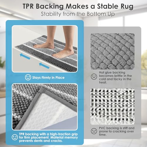 ArtyCozy Chenille Bathroom Rugs 3 Pieces, Extra Thick Absorbent Non Slip Bath Mats with U-Shaped Toilet Rug, Soft Plush Bath Floor Mat Machine Washable, Grey, 17"x24" Plus 20"x32" Plus 20"x24" - color: Grey, size: 17" × 24" + 20" × 32" + 20" × 24"