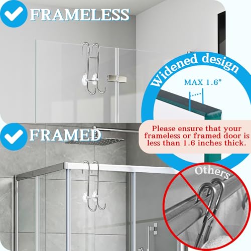 Shower Door Towel Hooks (2-Pack), 9"~13" Length Adjustable Hook for Framed & Frameless Over the Door Glass, Squeegee Holder, Towels Hanger for Bath Suits Rozer Robes Loofahs Shavers, Silver | Fit for Frameless & Framed Doors, Anti-Scratch, Rustproof Towel