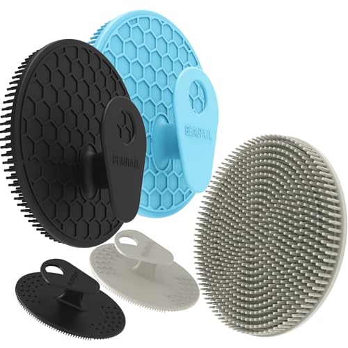 Silicone Body and Face Scrubber Set 5 Pack, BEAUTAIL Shower Bath Scrubber, Gentle Exfoliating Brush for Women Men Sensitive Skin, More Hygienic Than Traditional Loofah, Long Lasting, Black+Blue+Gray - color: Black+blue+gray