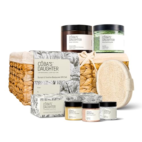 COBA'S DAUGHTER Luxury 7-Piece Scrub & Soothe Set with Hyacinth Basket | Curated body scrub & soothing essentials | Gifted for birthdays, Mother's Day & bridal showers - style: Scrub & Soothe Ritual Set