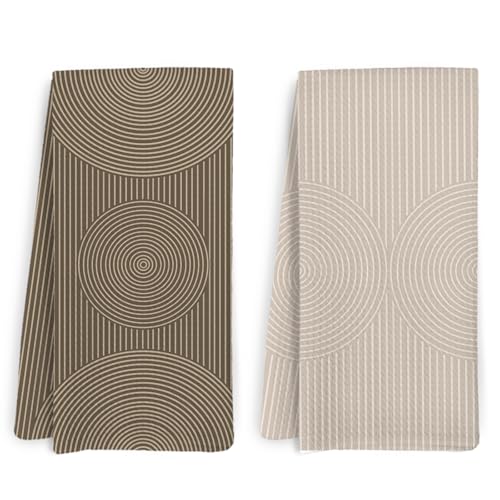 Neutral Beige Boho Abstract Dish Towels, Mid Century Modern Kitchen Towels and Dishcloths Set of 2, Bohemian Abstract Hand Tea Towel for Bathroom Kitchen, 16x24 Inches - color: Round