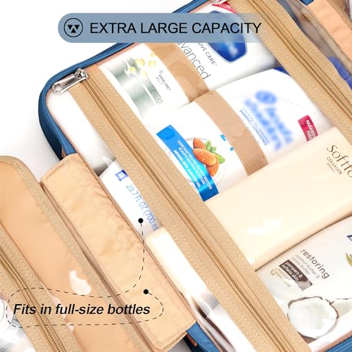COOSKY Travel Hanging Toiletry Bag for Women, Large Makeup Bag 8 Leak Proofing Silicone Bottle Covers, Waterproof Cosmetic Bag with Jewelry Organizer Compartment, Toiletries Kit Set, Navy Blue - color: Navy Blue, size: Large*1 + Leak Proofing Bottle Cover