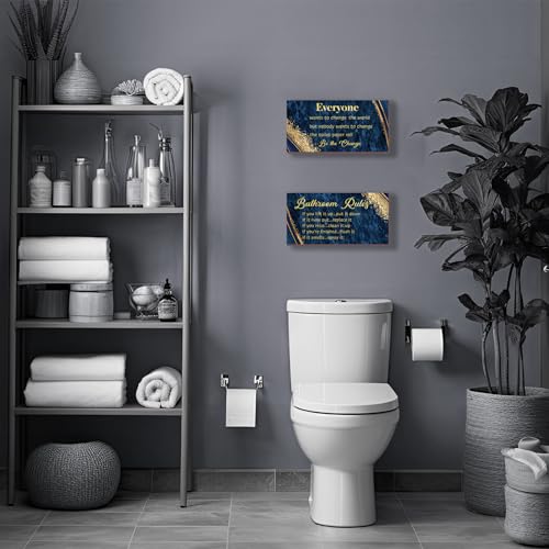 DONFENTHY 2 Pieces Blue Gold Bathroom Decor Rustic Farmhouse Wooden Signs Bathroom Rules Wall Art 12x6 Inch - color: Blue