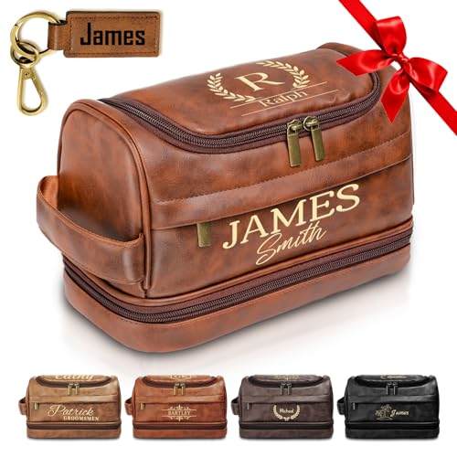 Personalized Toiletry Bag for Men, Custom Toiletries Bag Gifts for Men, Him, Birthday, Anniversary, Graduation, Groomsmen, Dad, Husband, Boyfriend, Leather Engraved Travel Cosmetic Shaving Hygiene Bag - color: Brown