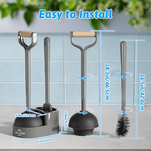 Sellemer Toilet Brush and Plunger Set, Curved Head Deep Clean, Grey 2 Pack | Brush and Plunger set, Curved Nylon Bristles for Deep Clean, Strong Suction Plunger, Ventilated Holder for Quickly Air Dry - color: Gray