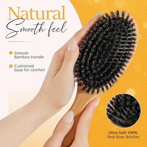 Belula 100% Boar Bristle Hair Brush Set (Medium). Soft Natural Bristles for Thin and Fine Hair. Restore Shine And Texture. Wooden Comb, Travel Bag and Spa Headband Included! - size: Medium