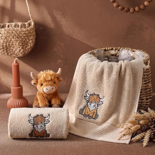 SmoothNovelty 2 Pcs Baby Highland Cow Hand Towels Khaki Bathroom Decor 14x29 Inch Embroidered 100% Cotton Soft Absorbent Spring Summer Decorative Hand Towels for Bathroom Kitchen - style: Highland Cow