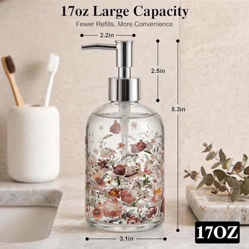 Topadorn Glass Soap Dispenser Set of 2, 17oz Refillable Hand & Dish Soap Dispensers with Pump, Floral Kitchen Soap Bottles with Enjoy the Day Design for Bathroom Counter - color: Soft Pink Flower