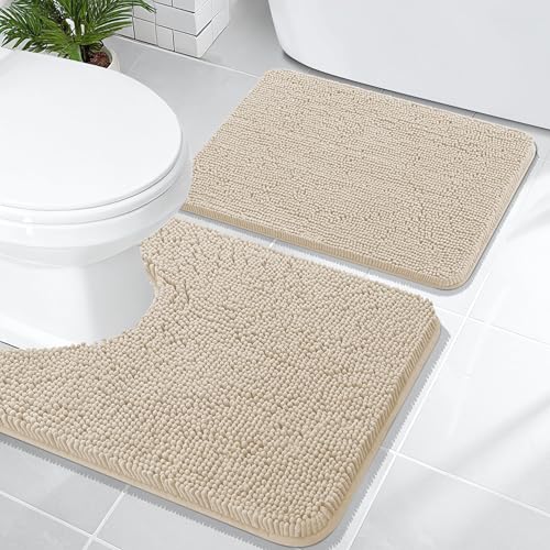 OLANLY Bathroom Rugs Sets 2 Piece, Soft Absorbent Chenille Bath Mats and U-Shaped Contour Toilet Mat Area Rug Set, Machine Washable Bath Carpet, Home Decor Accessories(24"x16"+24"x20", Sand) - color: Sand, size: 24" X 16" + U24" X 20"