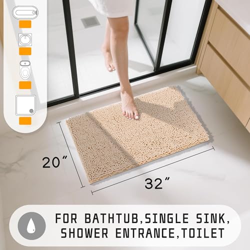 Yimobra Washable Bathroom Rugs, Super Soft & Absorbent Chenille Bath Mat for Floor & Carpet, Quick Dry Non Slip Bath Mat for Tub Shower, 32"x20",Beige - color: Beige, size: 32" X 20"