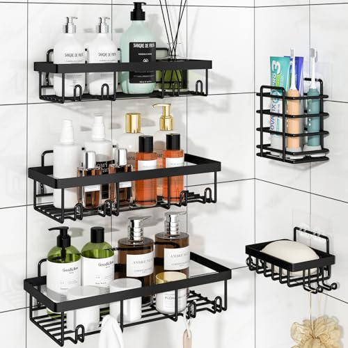 Liuoud 5 Pack Shower Caddy Organizer Rack Shelf for Inside Shower, Adhesive Bathroom Wall Storage Basket Rustproof Stainless Steel Shampoo Holder, Bathroom Accessory Decor Set, Black. - color: Black