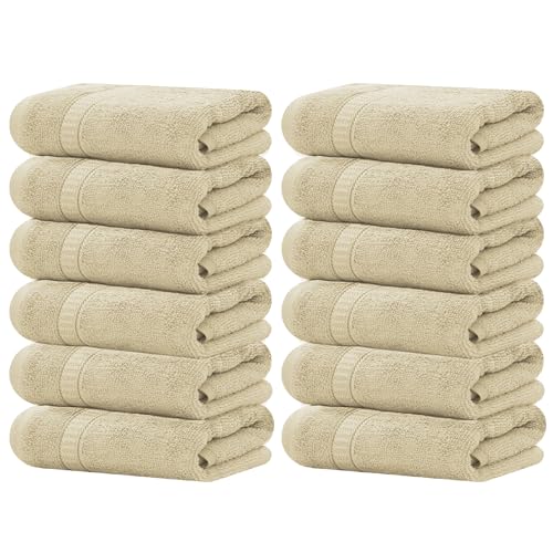 GOLD TEXTILES Luxury Wash Cloths Set of 12, Sand (13x13 Inches) 100% Ring Spun Cotton, Premium Feel with High Absorbancy Ideal Washcloths for Bathroom,Salon, Spa and Gym - color: Sand, size: 12 Pack 13x13