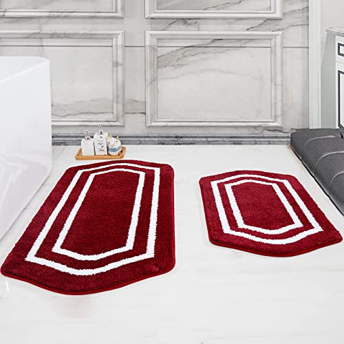 COSY HOMEER Extra Thick Bath Rugs Set - Anti-Slip Bath Mats Soft Plush 100% Strong Mirco Polyeste Mat Living Room Bathroom Mat Floor Water Absorbent(Red,20/inch X 32/'' + 24/inch X 48'' - Inches) - color: White/Red, size: 20"x 32"+24"x 48"