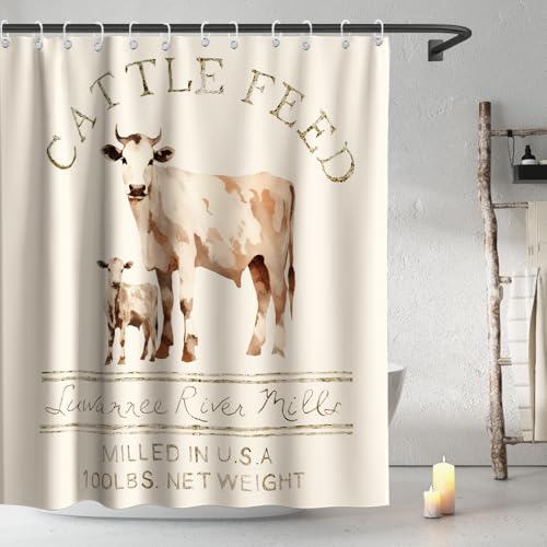 Farmhouse Abstract Animal Cattle Feed Cow Rustic Theme Fabric Shower Curtain Sets Bathroom Decor with Hooks Waterproof Washable 72 x 78 inches Ivory White - size: 72"W x 78"L (Pack of 1)