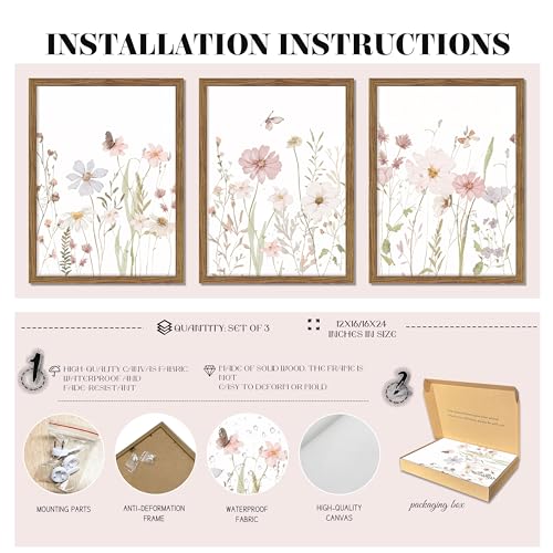 Framed Wildflower Wall Art Set of 3, Pink Floral Canvas Wall Decor Pictures, Vintage Flower Botanical Paintings, Nursery Flowers Butterfly Posters Prints for Bedroom Living Room 16x24 Inch - color: Pink Wildflower, size: 24"L x 16"W