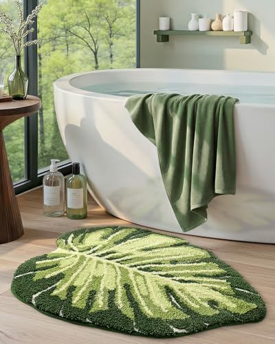 DEXI Leaf Bathroom Rugs Monstera, 31.5x23.5 Soft Fluffy Cute Bath Mat with Non Slip Backing, Washable Absorbent Bath Rug Quick Dry for Shower Floor, Toilet, Bedroom, Kids Room, Green - color: Ample Monstera
