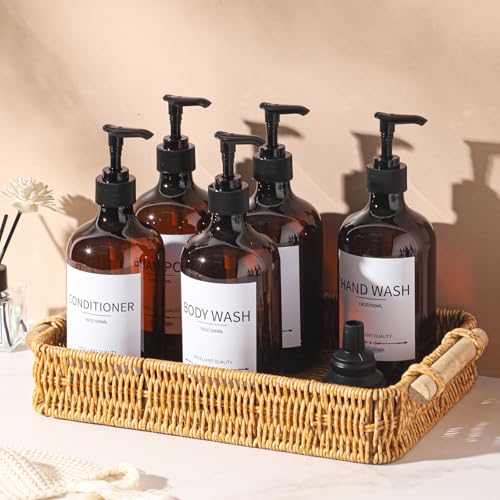 Stylish Shampoo Bottles Refillable with Pump,(5Pack) Amber Shampoo and Conditioner Dispenser,Shampoo Bottles with 8pcs Lables - color: Amber-w