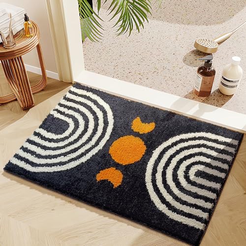 Boho Bathroom Rugs Cute Bohemian Bath Rug Non-Slip Microfiber Abstract Bath Mat for Bedroom Small Carpet Farmhouse Decor Soft Funny Black Washable Rugs for Kitchen Entryway/Washbainy/Shower 16x24 inch - color: Black, size: 1'4" x 2' (Rectangular)