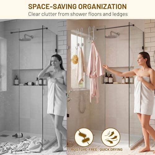Shower Door Towel Hooks (2-Pack), 9"~13" Length Adjustable Hook for Framed & Frameless Over the Door Glass, Squeegee Holder, Towels Hanger for Bath Suits Rozer Robes Loofahs Shavers, Silver | Fit for Frameless & Framed Doors, Anti-Scratch, Rustproof Towel