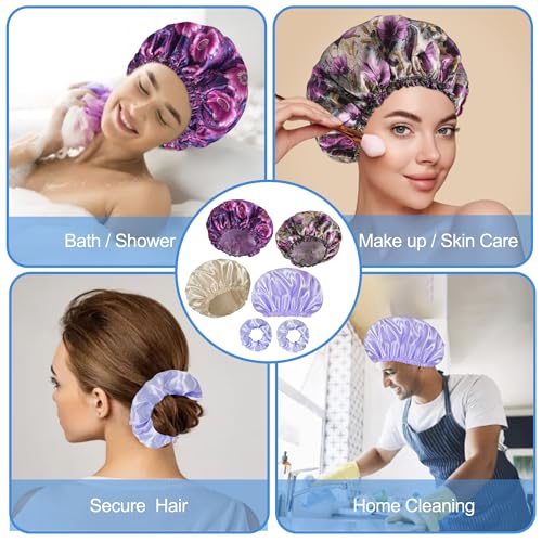 Shower Cap for Women Set of 4, Bath Caps, Double Layers Hair Caps + 2 Satin Hair Scrunchies, Reusable Waterproof Shower Caps, Elastic Hair Cap for Shower - Pattern C - color: Pattern C