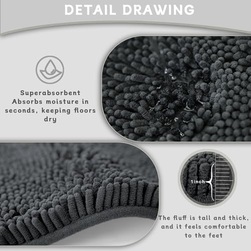 BOANKODU Bathroom Rugs Sets 3 Piece, Super Soft Absorbent Bath mat Set,with U-Shaped Toilet Rug,Strong PVC Underside Bathroom Rug,Antiskid Bath mats Washable Toilet mat, Dark Gray