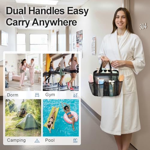 Mesh Shower Caddy Portable - 2 Packs, S-Hook, Shower Bag for Dorm Camping | 8 Pockets, 2-Handle, Quick-Dry, Hanging College Dorm Room Essentials for Girls, Gym, Travel & Bathroom, Black & Leopard - color: 2 Pack, Black & Leopard, size: L (Classic Dorm Cad