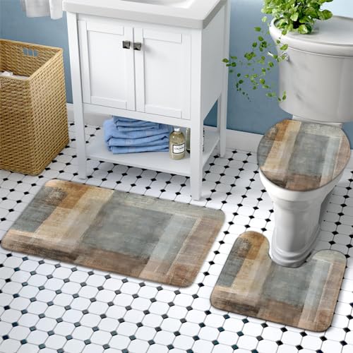 Lnond 4Pcs Bathroom Shower Curtain Sets with Rugs,Brown Gradient Painting Art Bathroom Sets with Shower Curtain and Rugs and Accessories - color: Yellow-brown Abstract