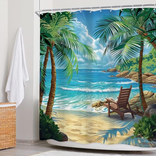 Newsely Ocean Shower Curtain 60Wx72L Inch Beach Tropical Palm Tree Hawaiian Summer Coastal Nautical Scenery Sea Wave Plant Bathroom Set Botanical Waterproof Bath Decoration Accessories Home Decor - color: B-02beach, size: 60"W x 72"L (Pack of 1)