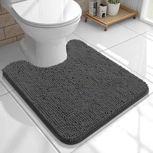 OLANLY Toilet Rugs U-Shaped 20x20, Extra Soft Absorbent Chenille Contour Bathroom Rugs for Toilet, Dry Quickly, Machine Washable, Non-Slip Bath Mat, Dark Grey - color: Dark Grey, size: 20" X 20" Contour Rug