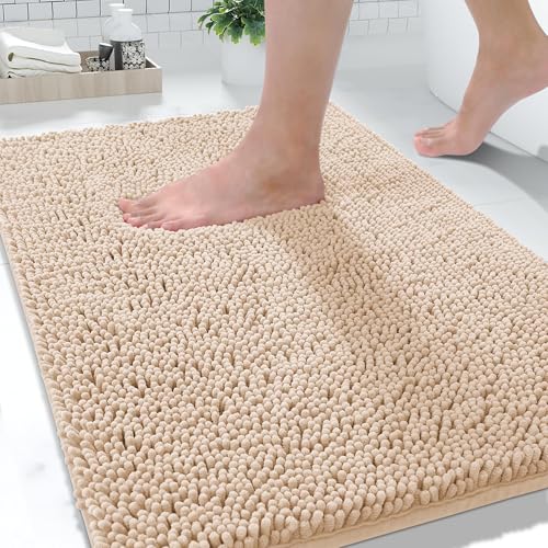 Yimobra Washable Bathroom Rugs, Super Soft & Absorbent Chenille Bath Mat for Floor & Carpet, Quick Dry Non Slip Bath Mat for Tub Shower, 32"x20",Beige - color: Beige, size: 32" X 20"