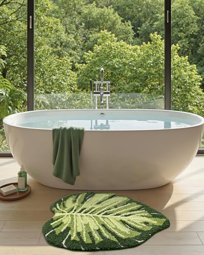 DEXI Leaf Bathroom Rugs Monstera, 47x31.5 Soft Fluffy Cute Bath Mat with Non Slip Backing, Washable Absorbent Bath Rug Quick Dry for Shower Floor, Toilet, Bedroom, Kids Room, Green - color: Ample Monstera-large