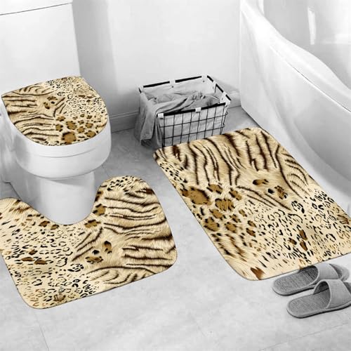 4 Piece Tiger and Leopard Print Shower Curtain Set with Rugs, Exotic Animal Skin Texture Art, Luxury Safari Aesthetic Bathroom Decor, Waterproof Fabric with Non-Slip Mats & Toilet Lid Cover - color: Beige