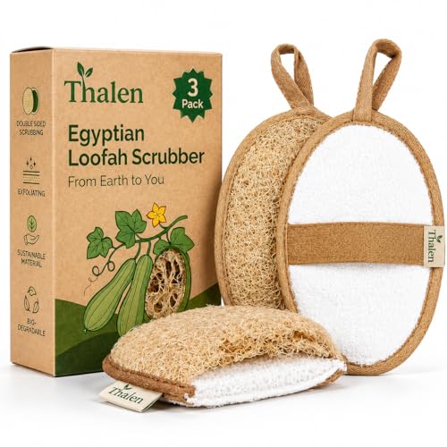 Thalen Natural Loofah Exfoliating Body Scrubber | Egyptian Loofah Sponge + Terrycloth | Shower Scrubber | Back Scrubber | Body Exfoliator | Plastic Free, No PFAS | Organic Bath Sponge – Pack of 3