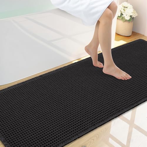 Smiry Waffle Bath Mat 59x20, Extra Soft Absorbent Bathroom Rugs, Non Slip Machine Washable Quick Dry Bath Rugs for Bathroom Floor, Tub, Shower, Home Decor Accessories, Black - color: Black, size: 59'' X 20''