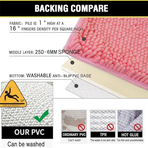 Bathroom Rugs Chenille 3-Piece Extra Soft and Absorbent Shag Bathroom Rugs, Machine Wash Mat, Strong PVC Non-Slip Underside, Plush Carpet Mats (Pink) - color: Pink, size: 2'8" x 1'8" (16x24"+20x32"+20x20"U shape）