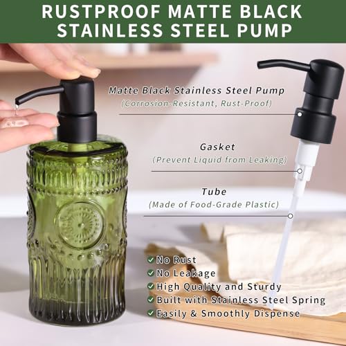 17 OZ Sunflower Embossed Glass Soap Dispenser - 2 Pack, with 304 Rust Proof Stainless Steel Pump, Glass Soap and Lotion Dispenser Set, Liquid Hand Soap Dispenser for Home, Kitchen & Bathroom (Green) - color: Green