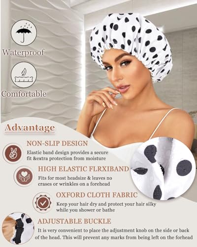 Luvruitaky Large Shower Caps for Women Reusable Waterproof Satin Lined Shower Cap with Adjustable Band Double Layer Design Luxury Washable Bath Hair Bonnet (Black Dot)