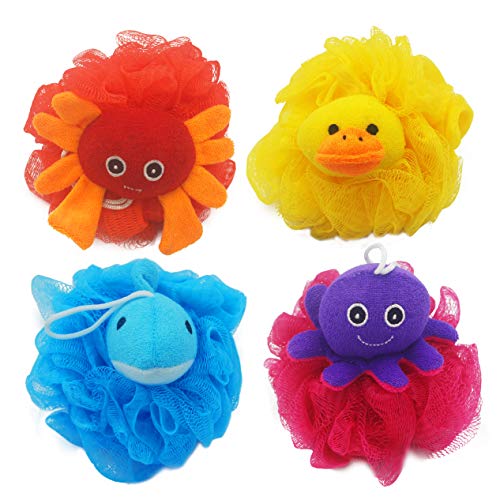 (4 Pack) Lovely Animal Design Kids Exfoliating Bath Scrubber Body Scrubber Shower Ball for Baby Toddler Kids Gentle Exfoliating Bath Sponge Loofah Pouf in Colorful Design - style: happy MARINE