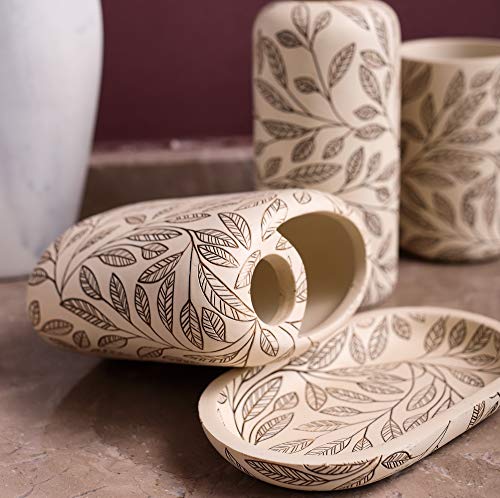 Hymmah Bathroom Accessories Set,Toothbrush Holder,Farmhouse Bathroom Decor,4 Pcs Resin Gift Set Apartment Necessities, Contain Toothbrush Cup,Soap Dispenser,Soap Dish,Tumbler - color: Leaf Grey Yellow