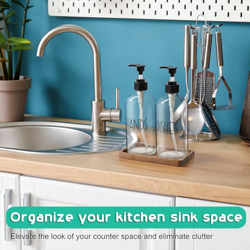 ALELION Glass Soap Dispenser with Pump - 16 OZ Clear Dish and Hand Soap Dispenser Set with Acacia Wood Tray for Kitchen Bathroom - Modern Liquid Pump Bottles - color: Clear