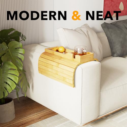 SpaceAid Bamboo Couch Cup Holder, Anti Falling Foldable Sofa Armrest Tray with Cup Holder, Couch Arm Side Table Organizer for Drink Cup Remote Snacks (Natural) - color: Natural, size: 16.5" x 13.4" x 2"
