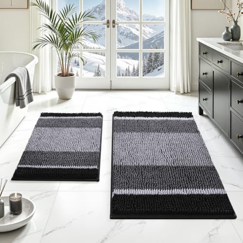 HOMEIDEAS Black Bathroom Rugs Set of 2, Thick Absorbent Chenille Bath Mats, Non-Slip Soft Shaggy Rugs for Bathroom Floor, 20" x 32" & 17" x 24" - color: Black